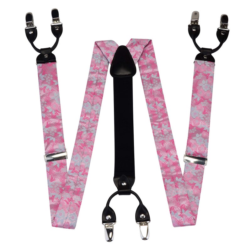 GUSLESON Pink Flora Suspenders for Men Wedding Silk Pre-tied Bow Tie and Pocket Square Set(0102-04) - Image 2